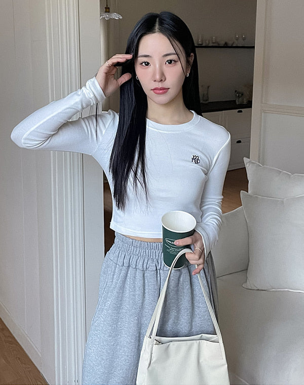 韓國 muahmuah 刺繡LOGO 露臍 長袖T恤  (現貨+預購)