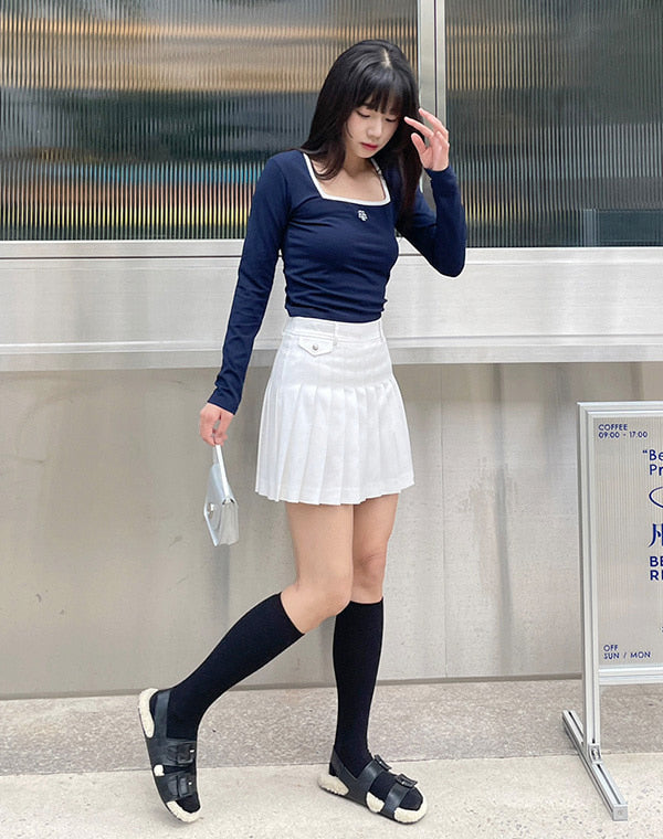 韓國 muahmuah 刺繡LOGO 方形領子  配色 長袖T恤  (現貨+預購)