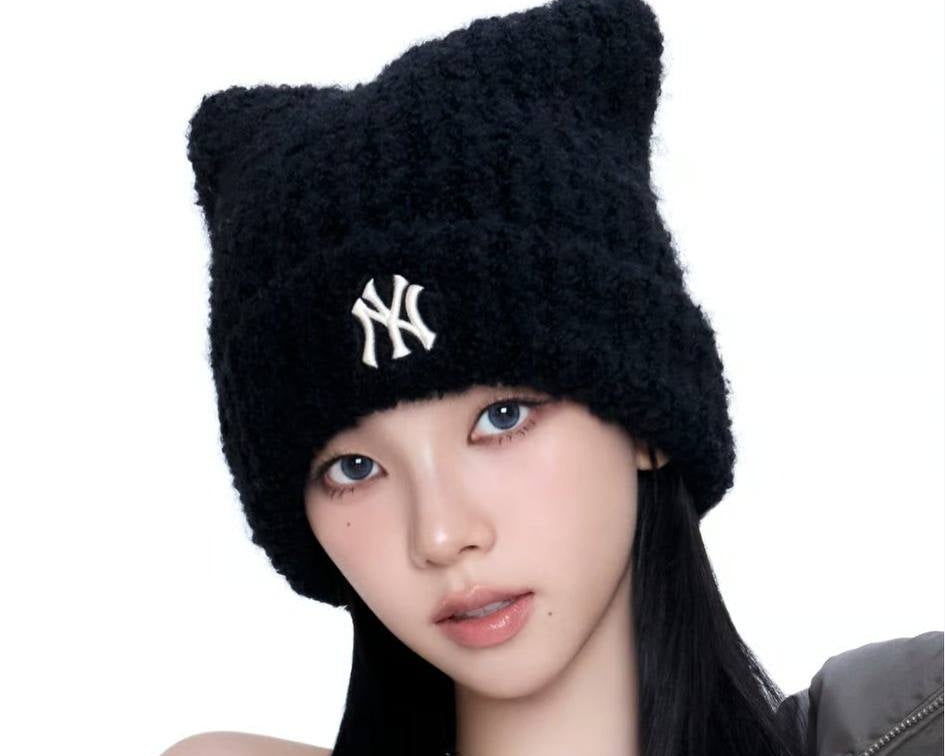 🔥新品上架 【梨花娘】💖韓國爆紅大缺貨!!MLB正版限量柔軟洋基貓耳保暖毛線帽(5色)韓國連線