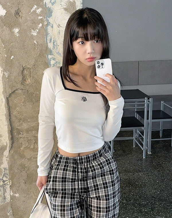 韓國 muahmuah 刺繡LOGO 方形領子  配色 長袖T恤  (現貨+預購)