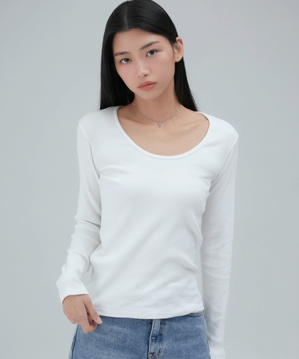 韓國 ACOVER  柔軟款U領彈力豎紋舒適長袖T恤 (現貨+預購)