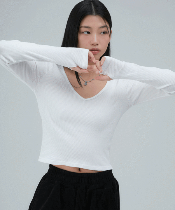 韓國 ACOVER  V領豎紋 基本款合身長袖T恤 (現貨+預購)