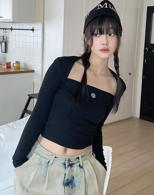 韓國 muahmuah 刺繡LOGO削肩設計短版 長袖T恤  (現貨+預購)