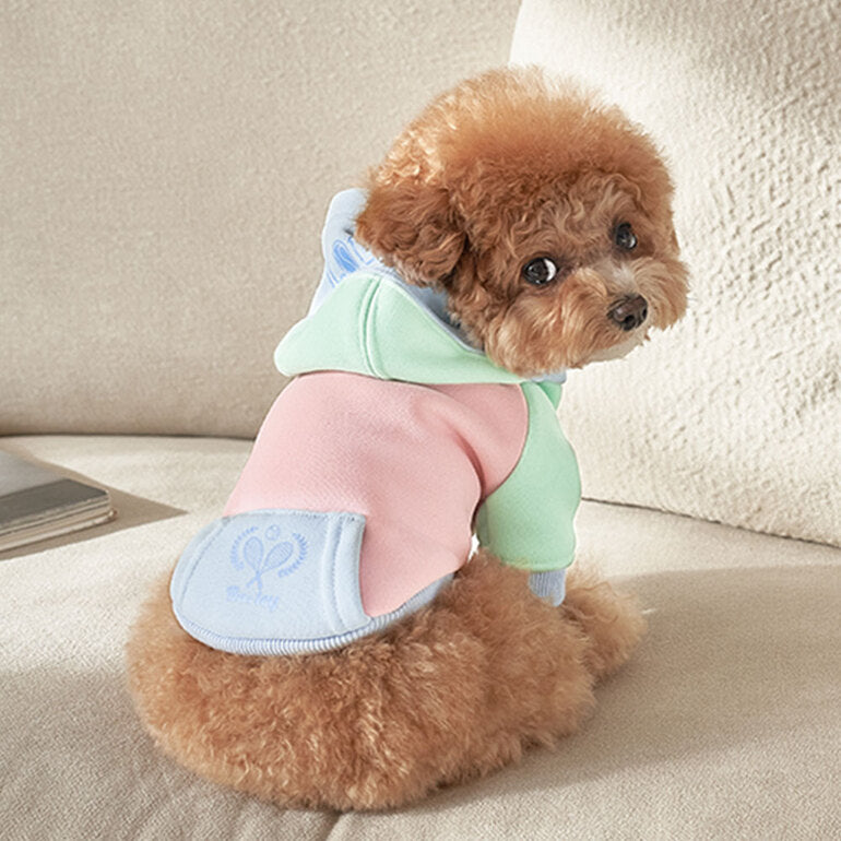 韓國新品上架【梨花娘】🐾BAILEY 🐶秋冬新品 繽紛馬卡龍拼接網球保暖親膚連帽寵物服飾