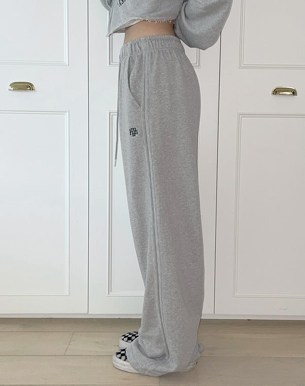 韓國 muahmuah 刺繡LOGO 線條 寬腿 鬆緊帶棉褲  (現貨)