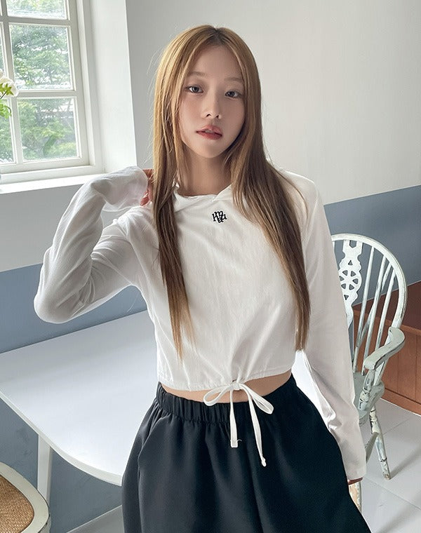 韓國 muahmuah 刺繡LOGO 連帽綁繩 短版 長袖T恤  (現貨+預購)