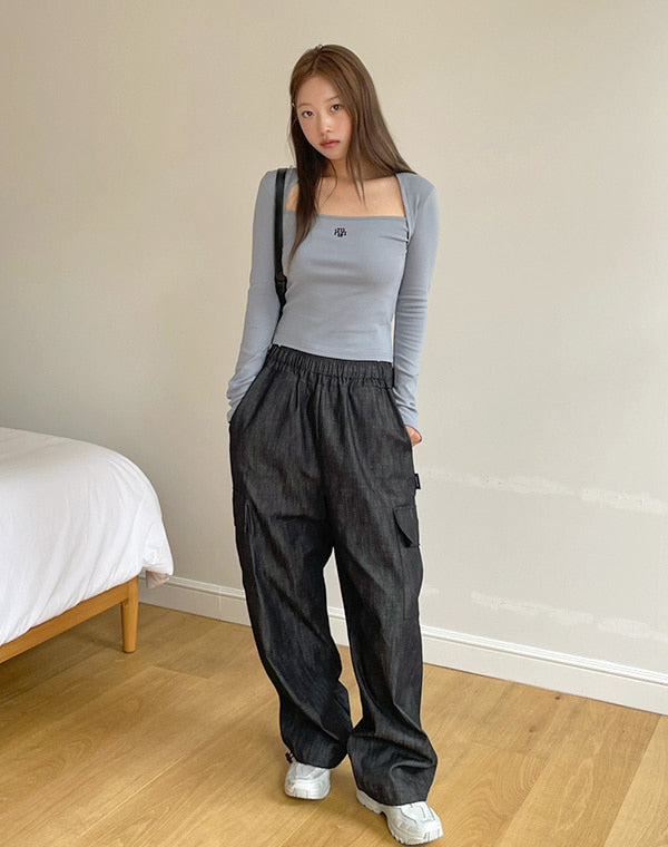 韓國 muahmuah 刺繡LOGO削肩設計短版 長袖T恤  (現貨+預購)