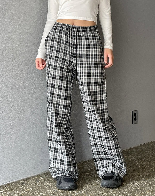 무아무아 와이드 체크 엘라스틱 캐주얼 팬츠
