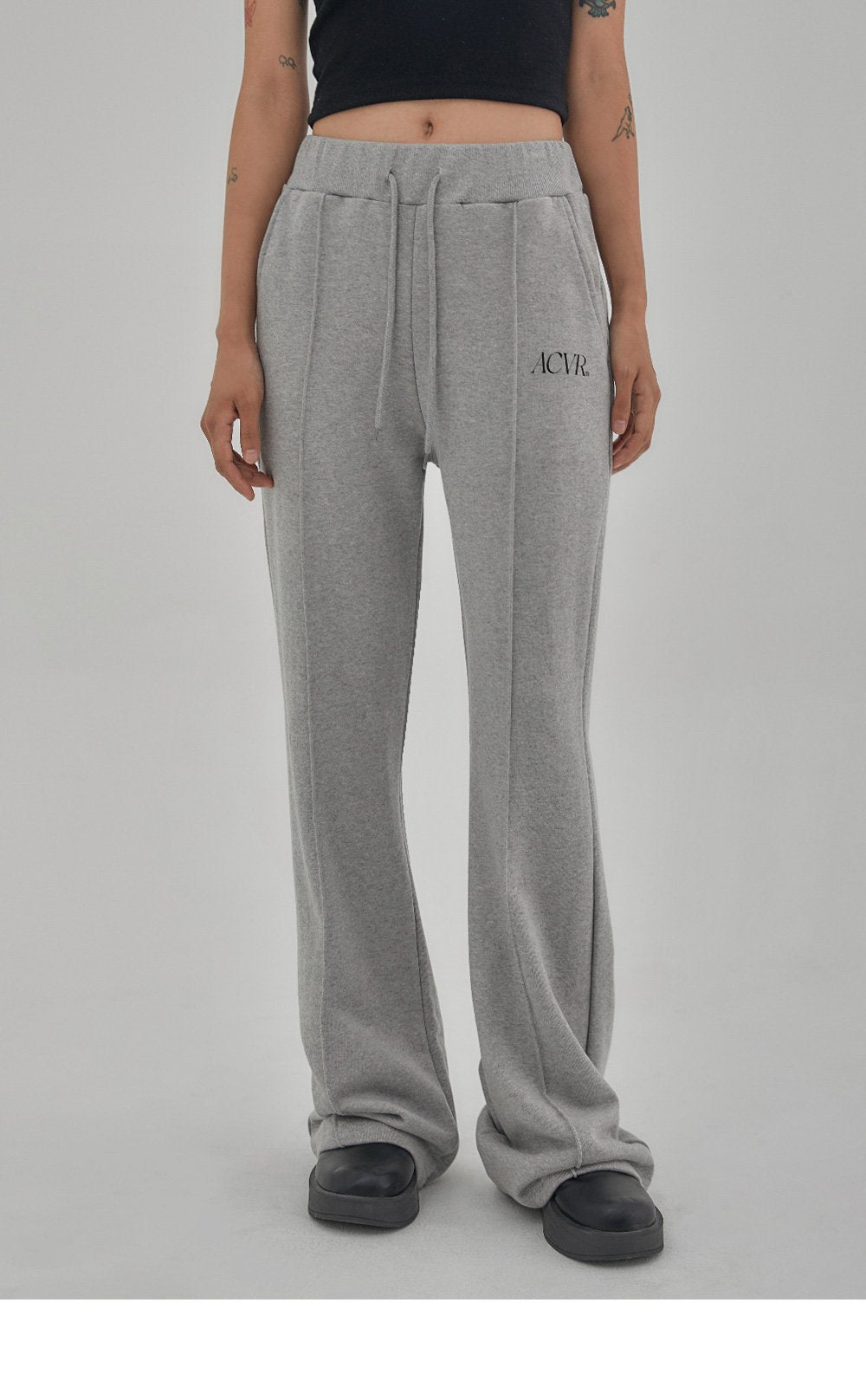 韓國 ACOVER {ACVR} LOGO棉質前襟線條 修身半喇叭型鬆緊帶褲子 (現貨+預購)