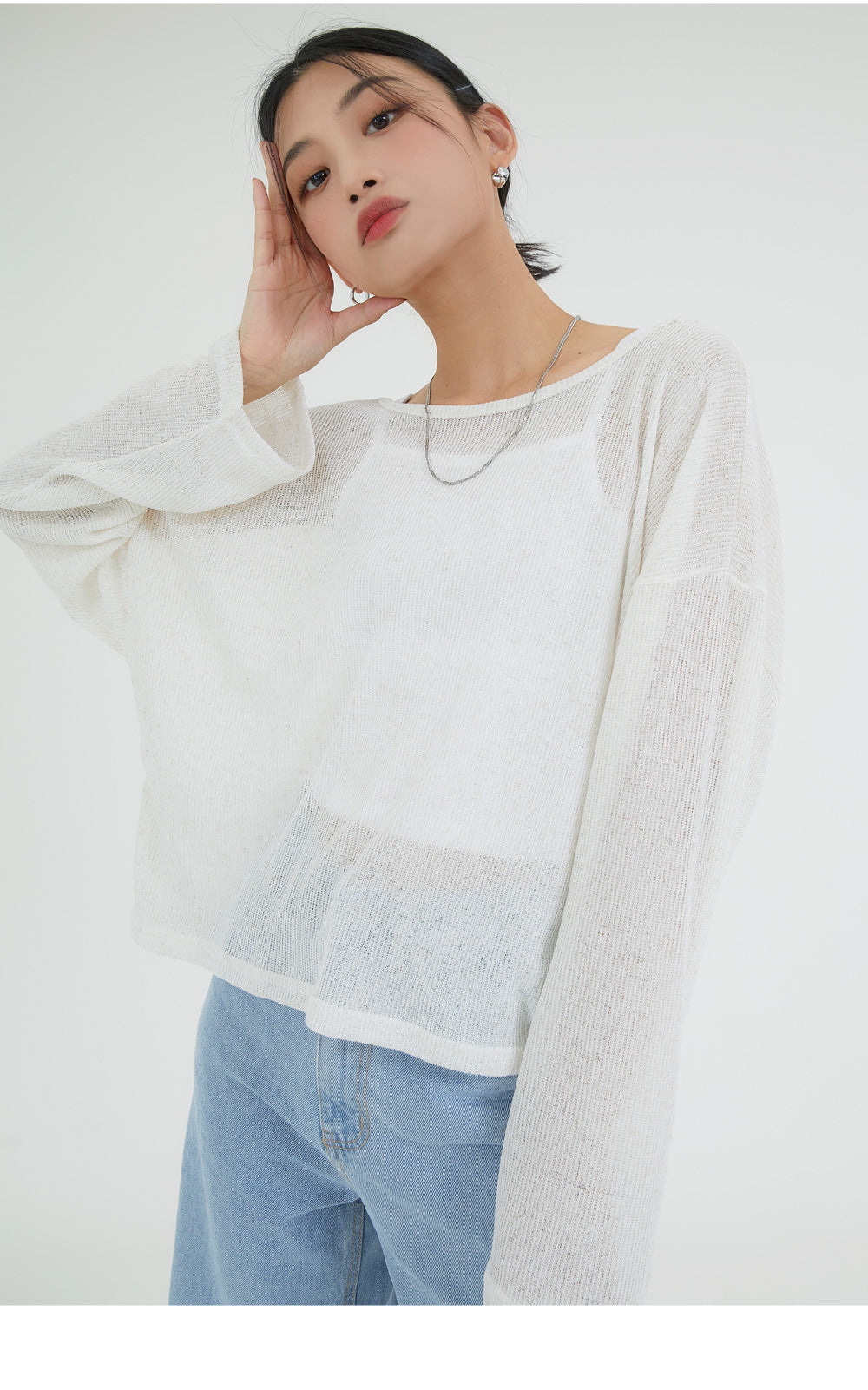 韓國 ACOVER  {U領} 透視款中長版半露臍 針織T恤 (現貨+預購)