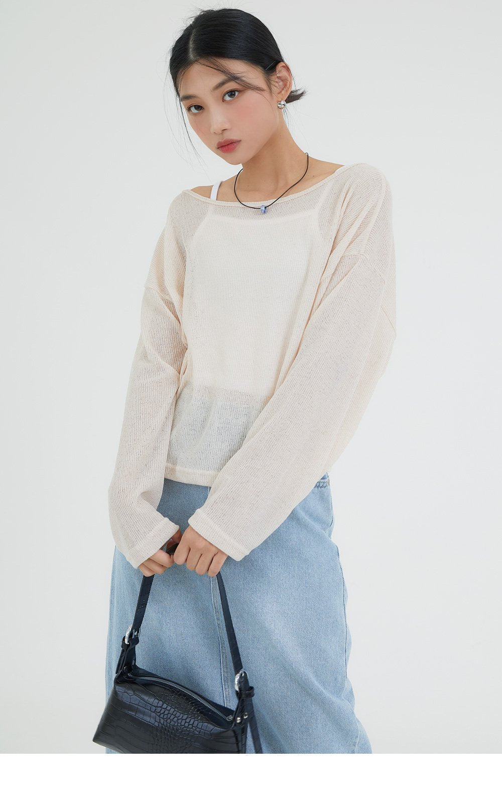 韓國 ACOVER  {U領} 透視款中長版半露臍 針織T恤 (現貨+預購)