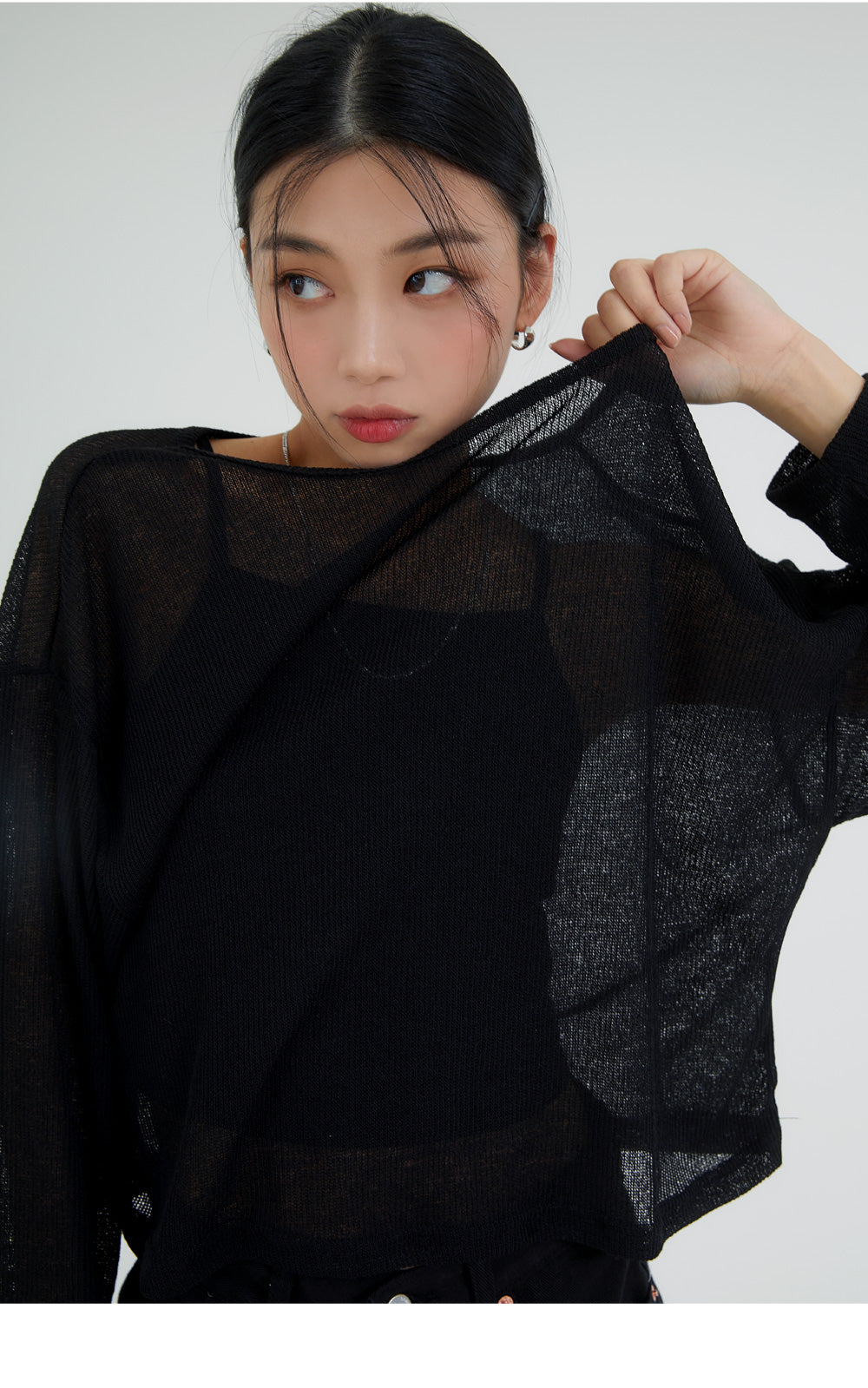 韓國 ACOVER  {U領} 透視款中長版半露臍 針織T恤 (現貨+預購)