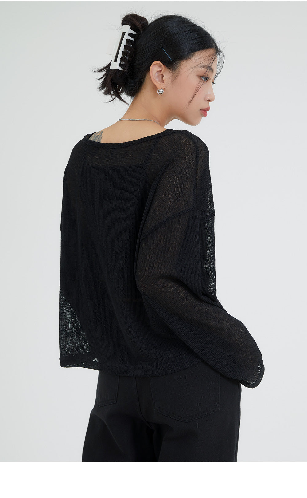 韓國 ACOVER  {U領} 透視款中長版半露臍 針織T恤 (現貨+預購)