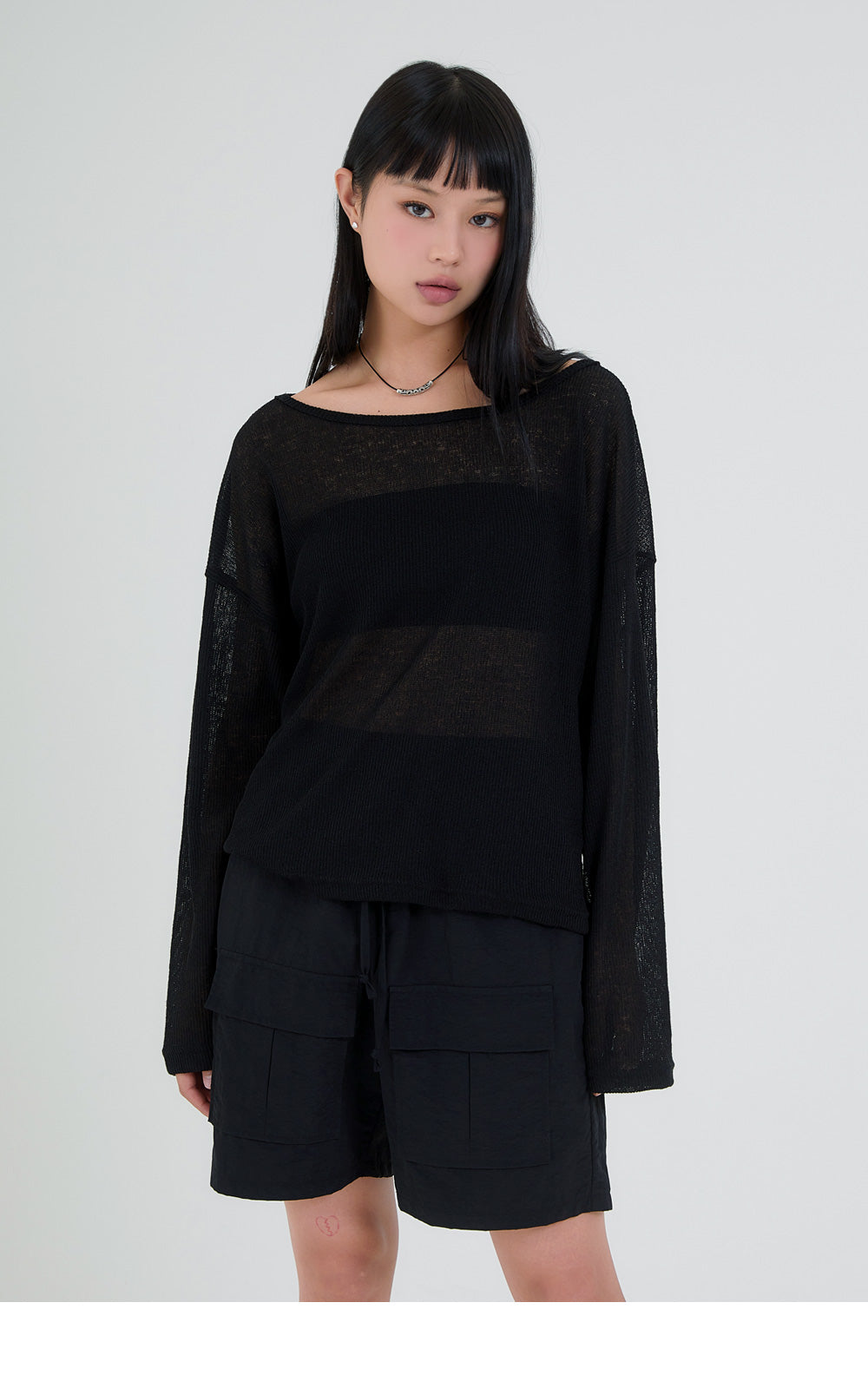 韓國 ACOVER  {U領} 透視款中長版半露臍 針織T恤 (現貨+預購)