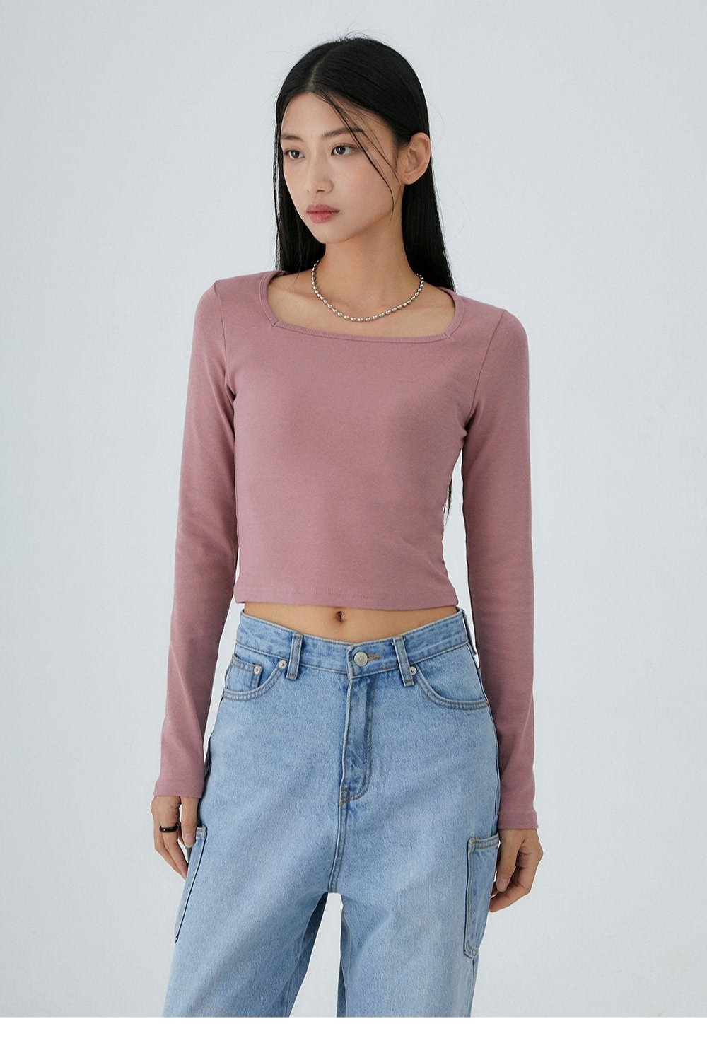 韓國 ACOVER  基本款修身版 棉質方形領子長袖T恤{買一送一} (現貨+預購)