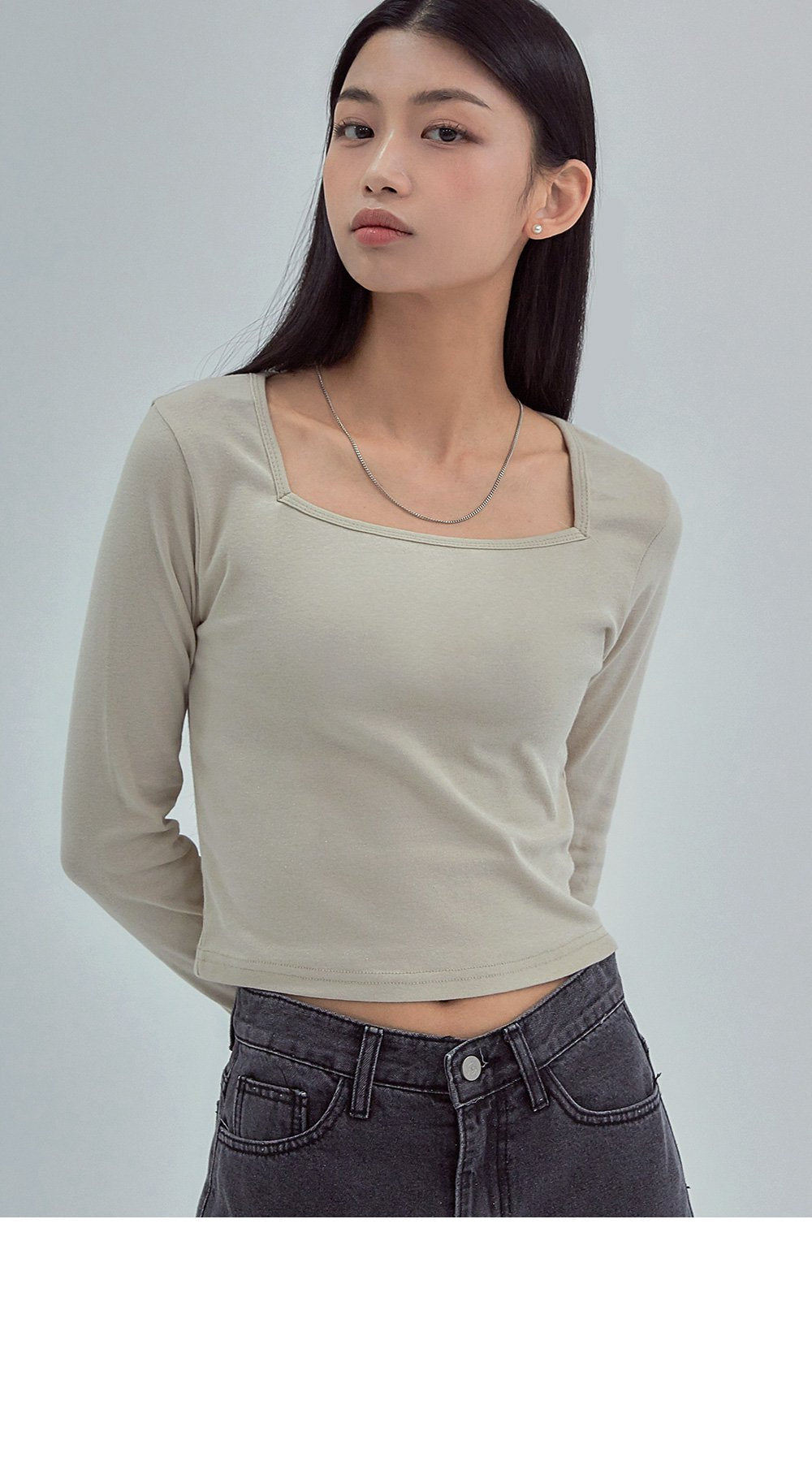 韓國 ACOVER  基本款修身版 棉質方形領子長袖T恤{買一送一} (現貨+預購)