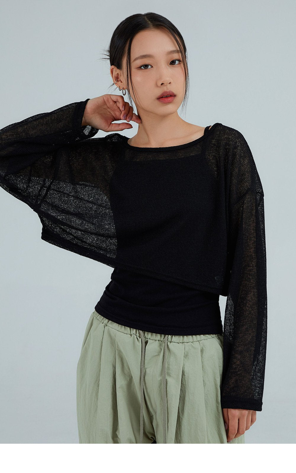 韓國 ACOVER 透視款 露臍裝 針織衫長袖T恤  (現貨+預購)