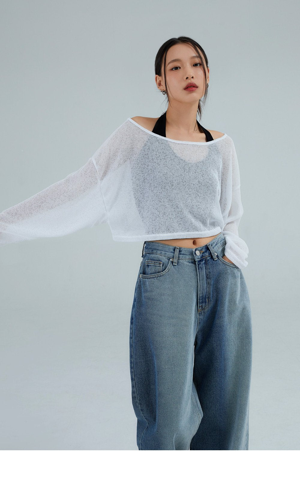 韓國 ACOVER 透視款 露臍裝 針織衫長袖T恤  (現貨+預購)