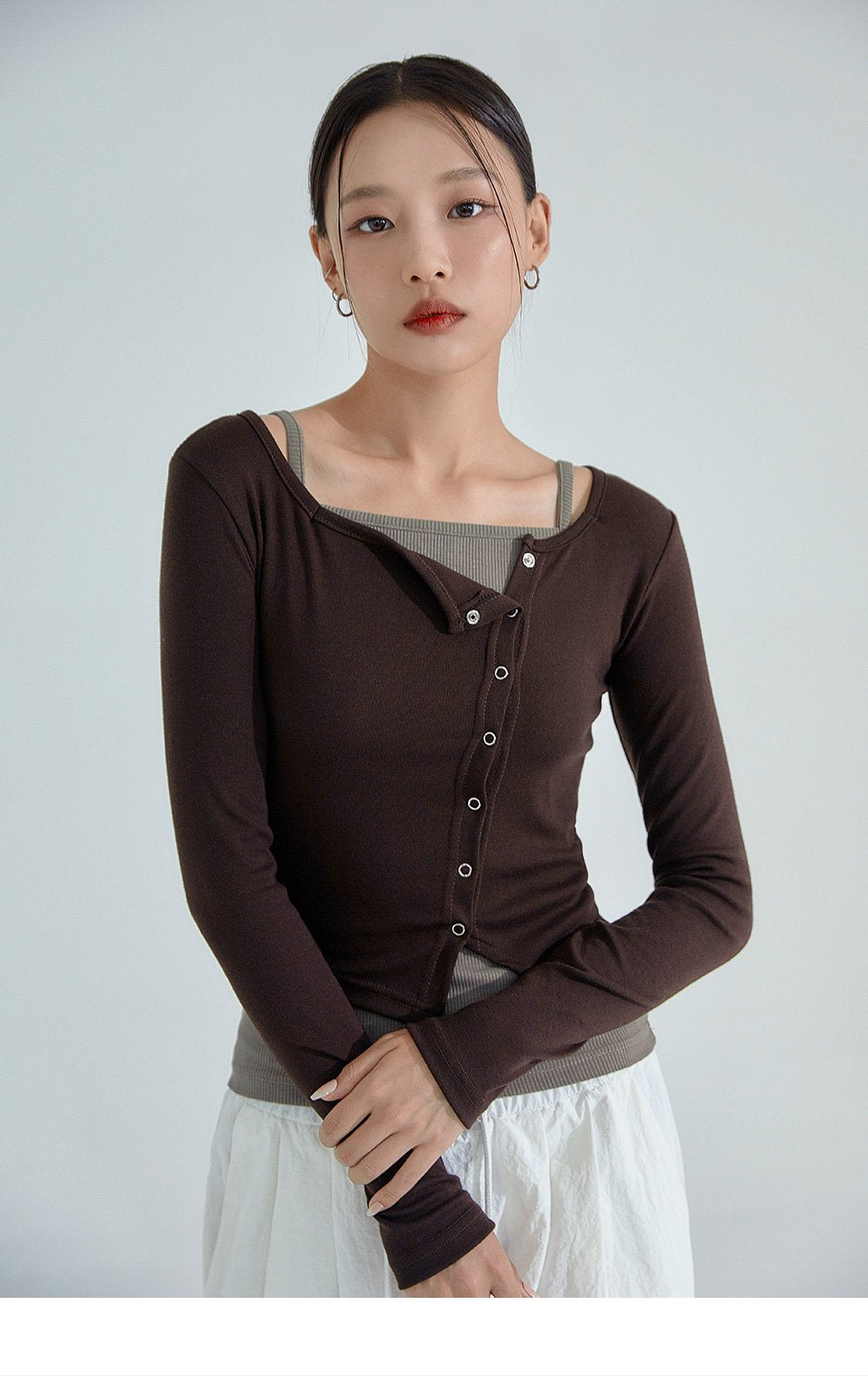 韓國 ACOVER  合身鈕釦不對稱 露臍長袖開衫 (現貨+預購)