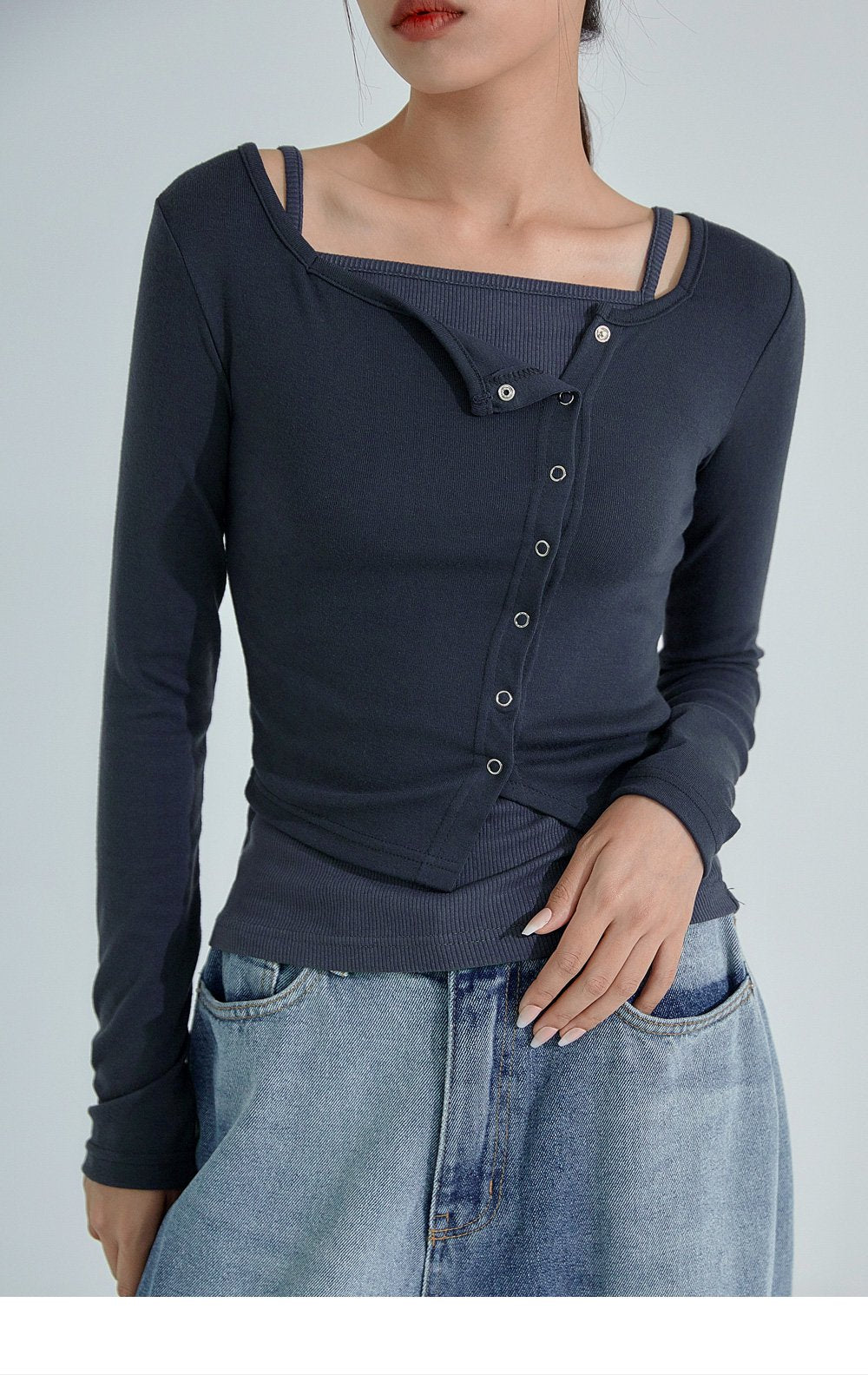 韓國 ACOVER  合身鈕釦不對稱 露臍長袖開衫 (現貨+預購)