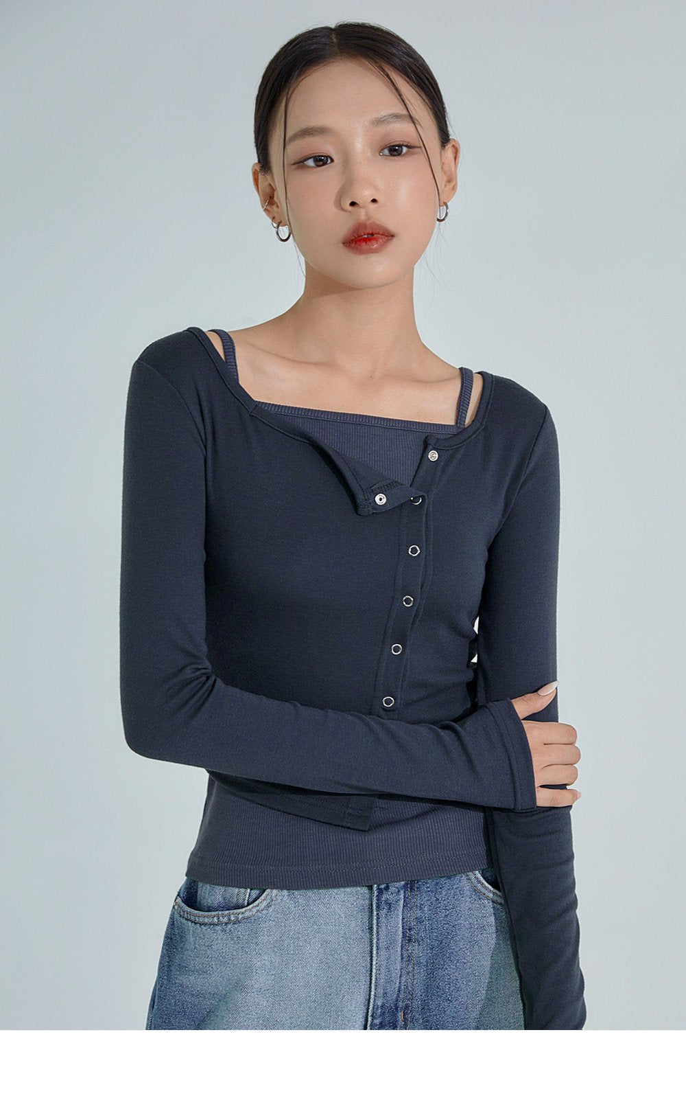 韓國 ACOVER  合身鈕釦不對稱 露臍長袖開衫 (現貨+預購)