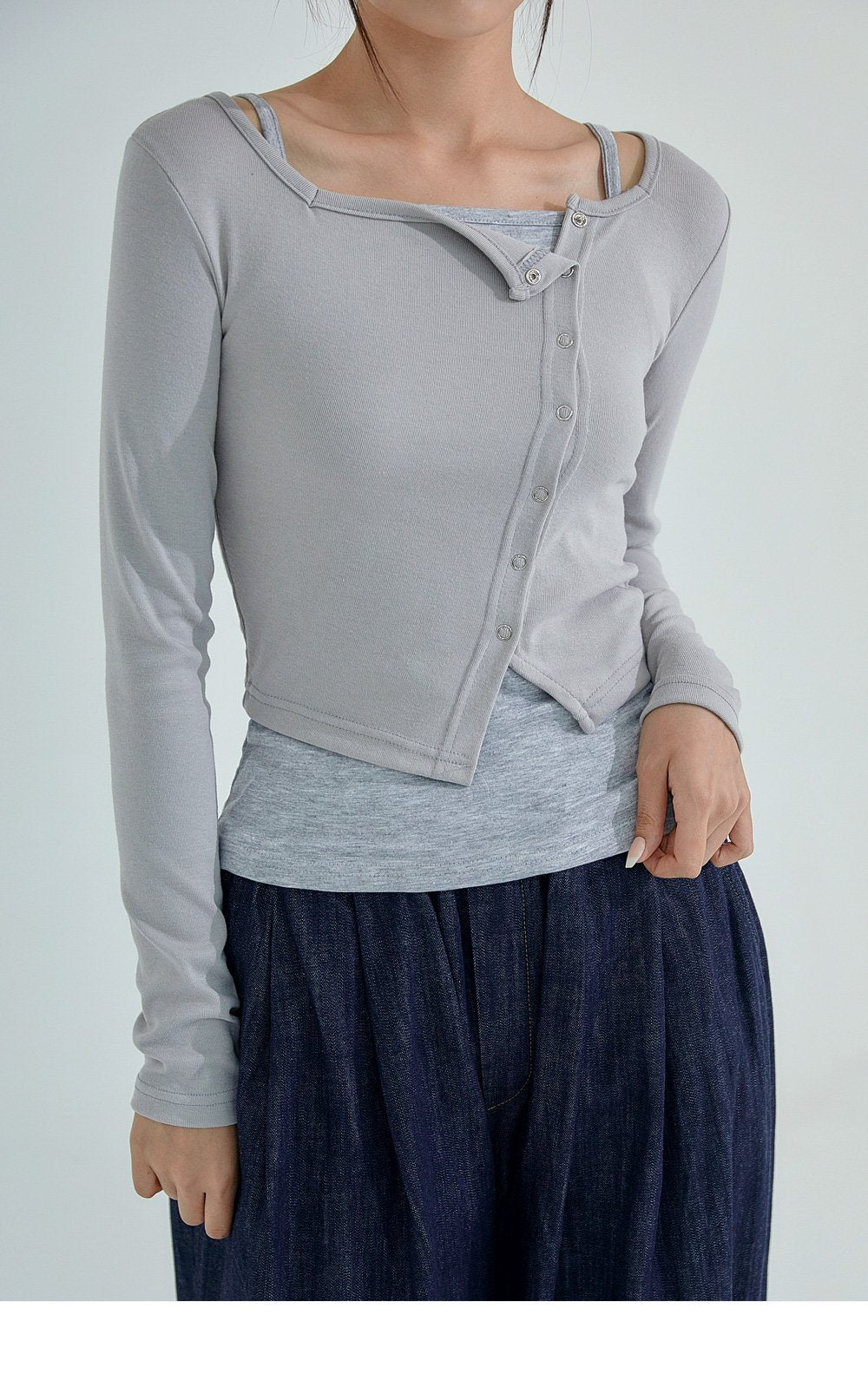 韓國 ACOVER  合身鈕釦不對稱 露臍長袖開衫 (現貨+預購)