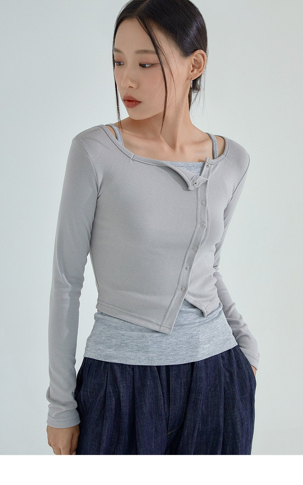 韓國 ACOVER  合身鈕釦不對稱 露臍長袖開衫 (現貨+預購)