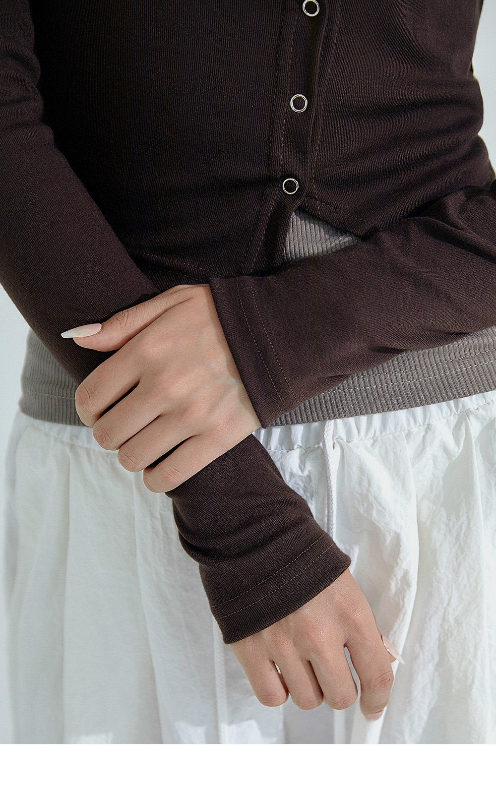 韓國 ACOVER  合身鈕釦不對稱 露臍長袖開衫 (現貨+預購)