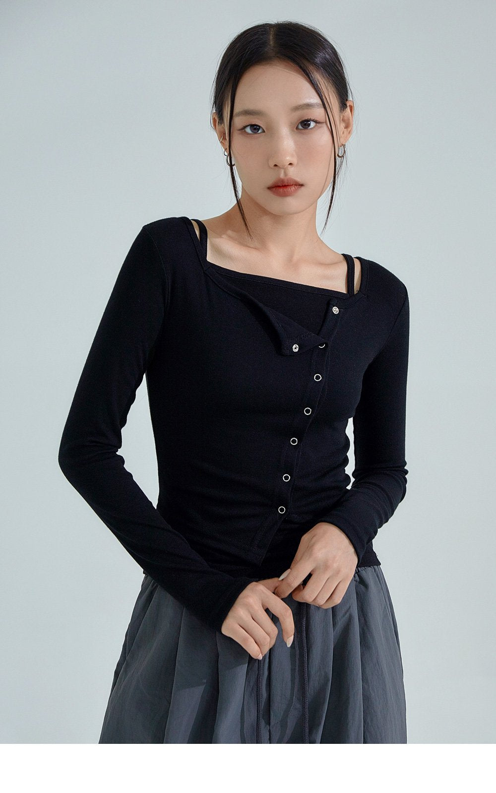韓國 ACOVER  合身鈕釦不對稱 露臍長袖開衫 (現貨+預購)