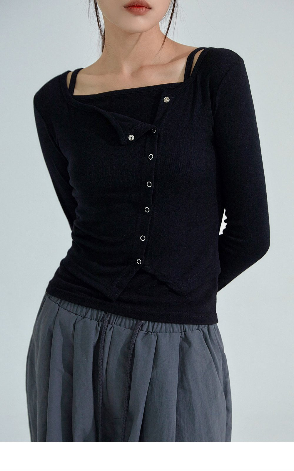 韓國 ACOVER  合身鈕釦不對稱 露臍長袖開衫 (現貨+預購)