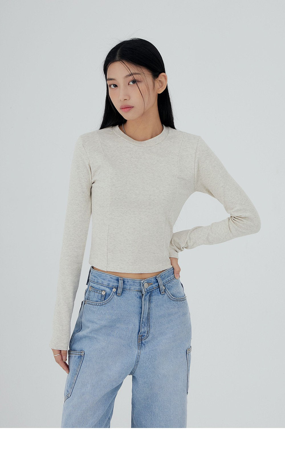 韓國 ACOVER 圓領細褶基本款挺版長袖T恤{買一送一} (現貨+預購)