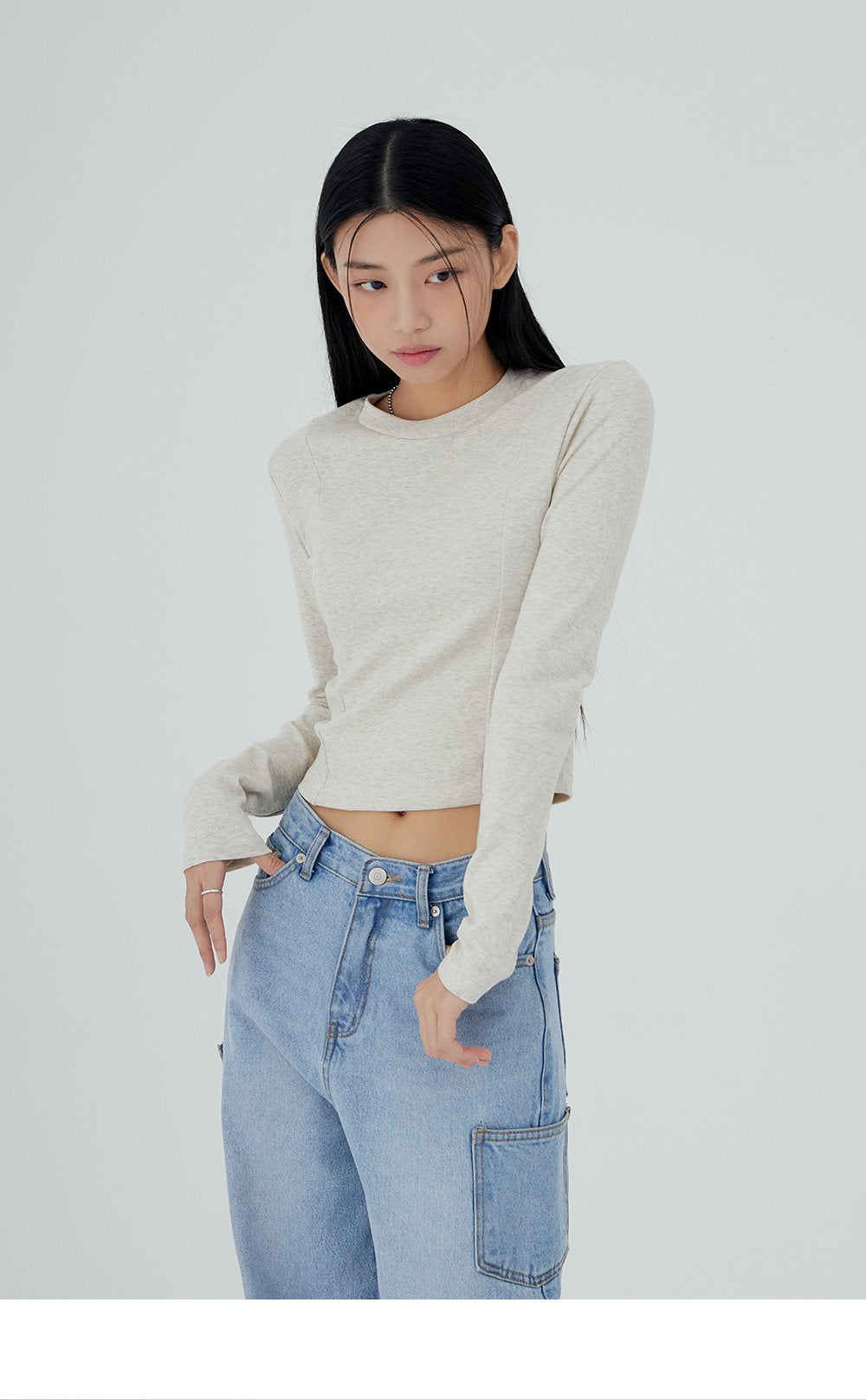 韓國 ACOVER 圓領細褶基本款挺版長袖T恤{買一送一} (現貨+預購)