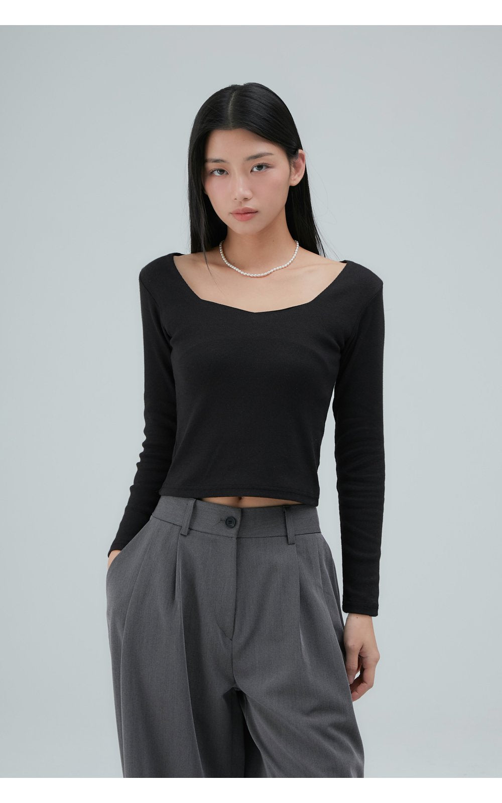 韓國 ACOVER  柔軟款 五角領 舒適合身長袖T恤 (現貨+預購)