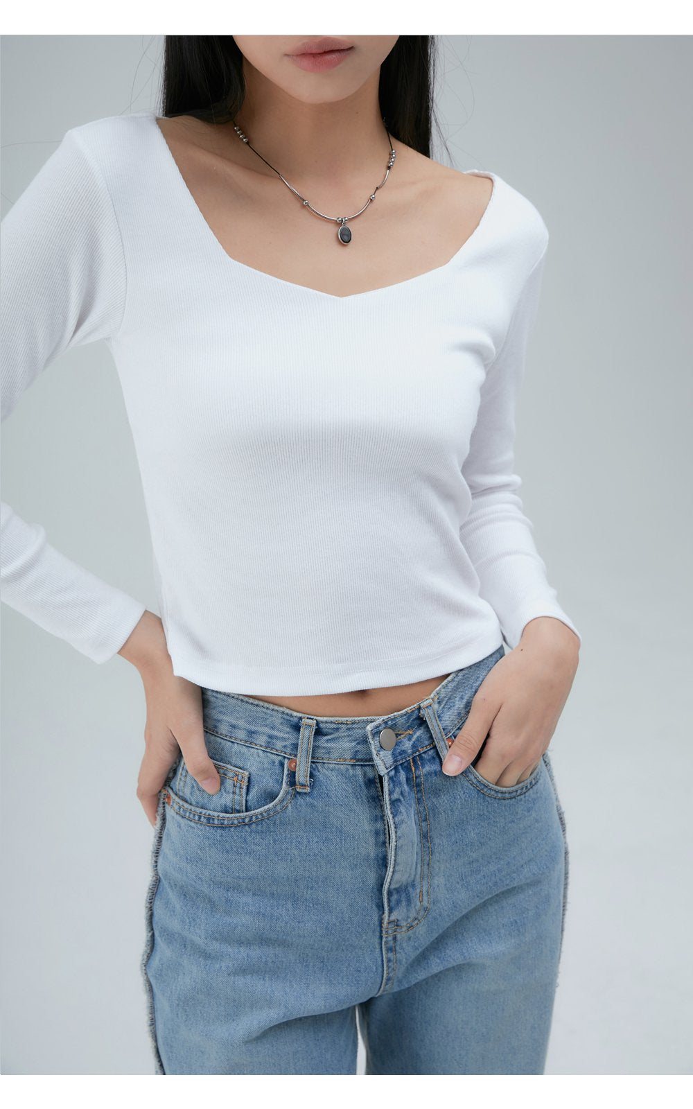 韓國 ACOVER  柔軟款 五角領 舒適合身長袖T恤 (現貨+預購)