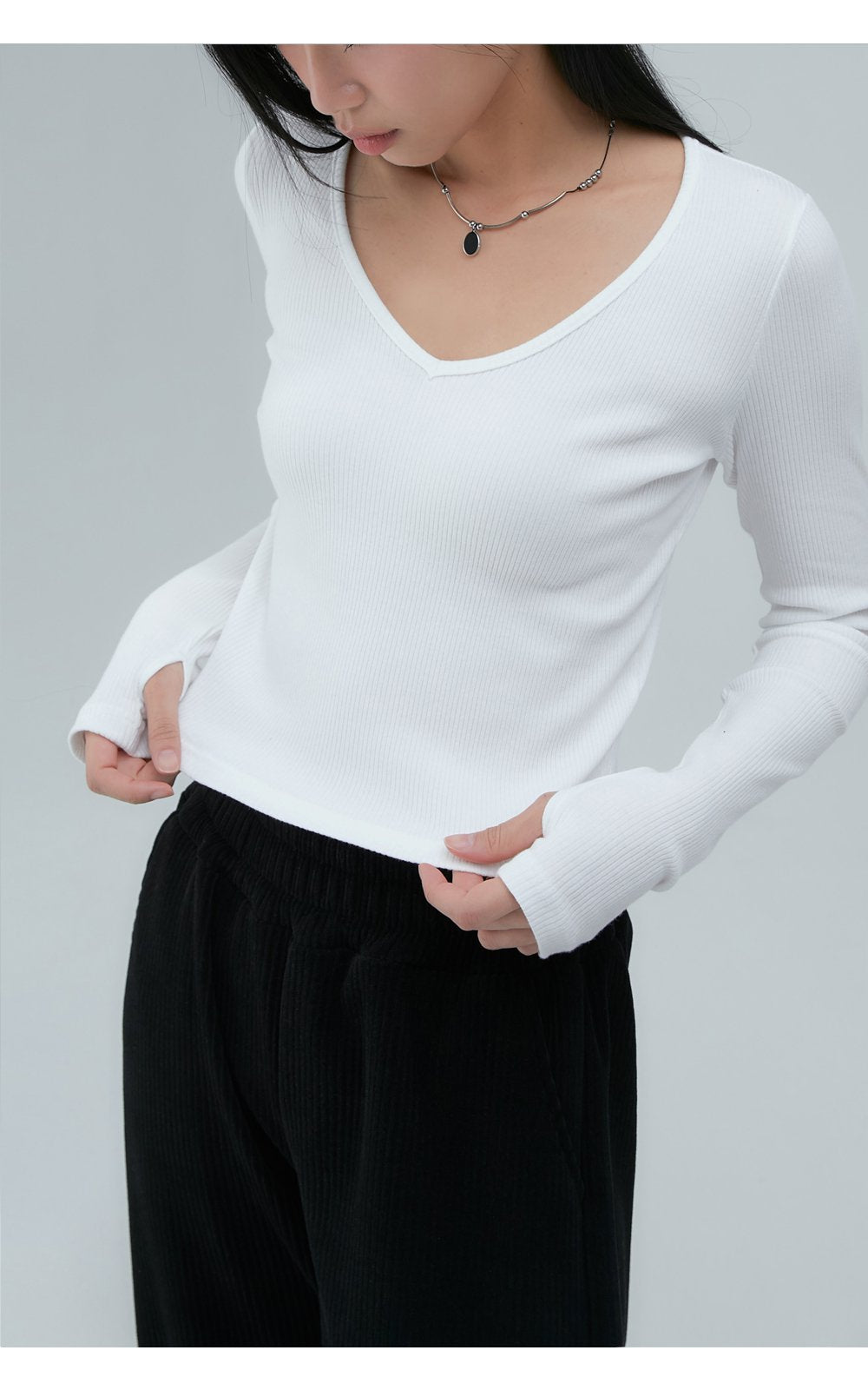 韓國 ACOVER  V領豎紋 基本款合身長袖T恤 (現貨+預購)