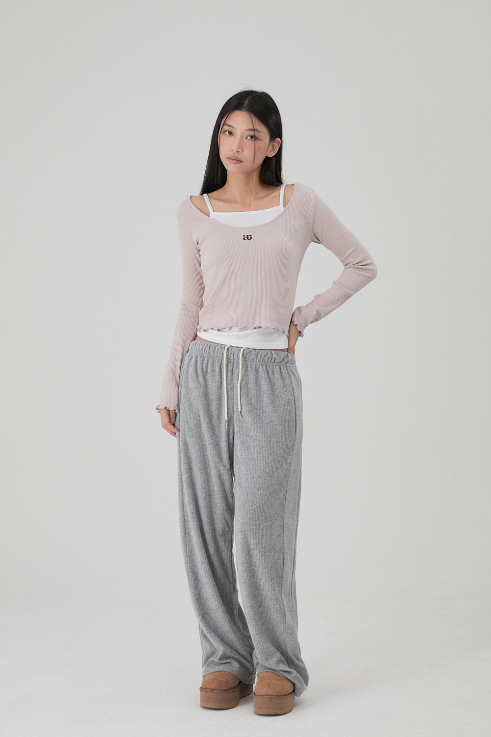 韓國 ACOVER {ac} LOGO U領子 花邊短身長 長袖T恤 (現貨+預購)