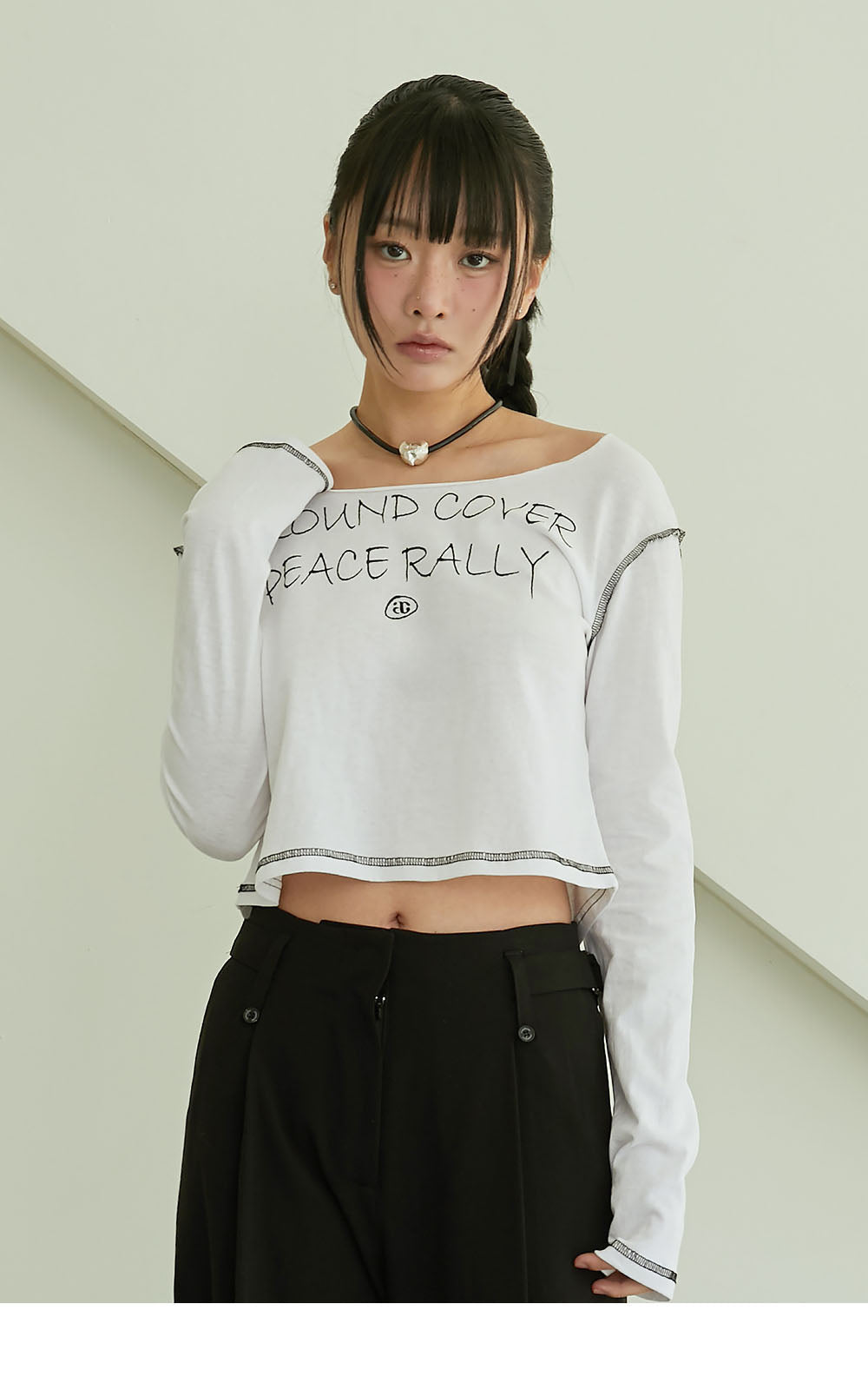 韓國 ACOVER  縫線配色露腰花邊字母短版T恤 (現貨+預購)