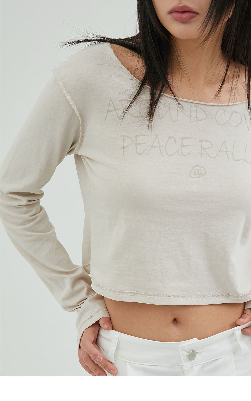 韓國 ACOVER  縫線配色露腰花邊字母短版T恤 (現貨+預購)