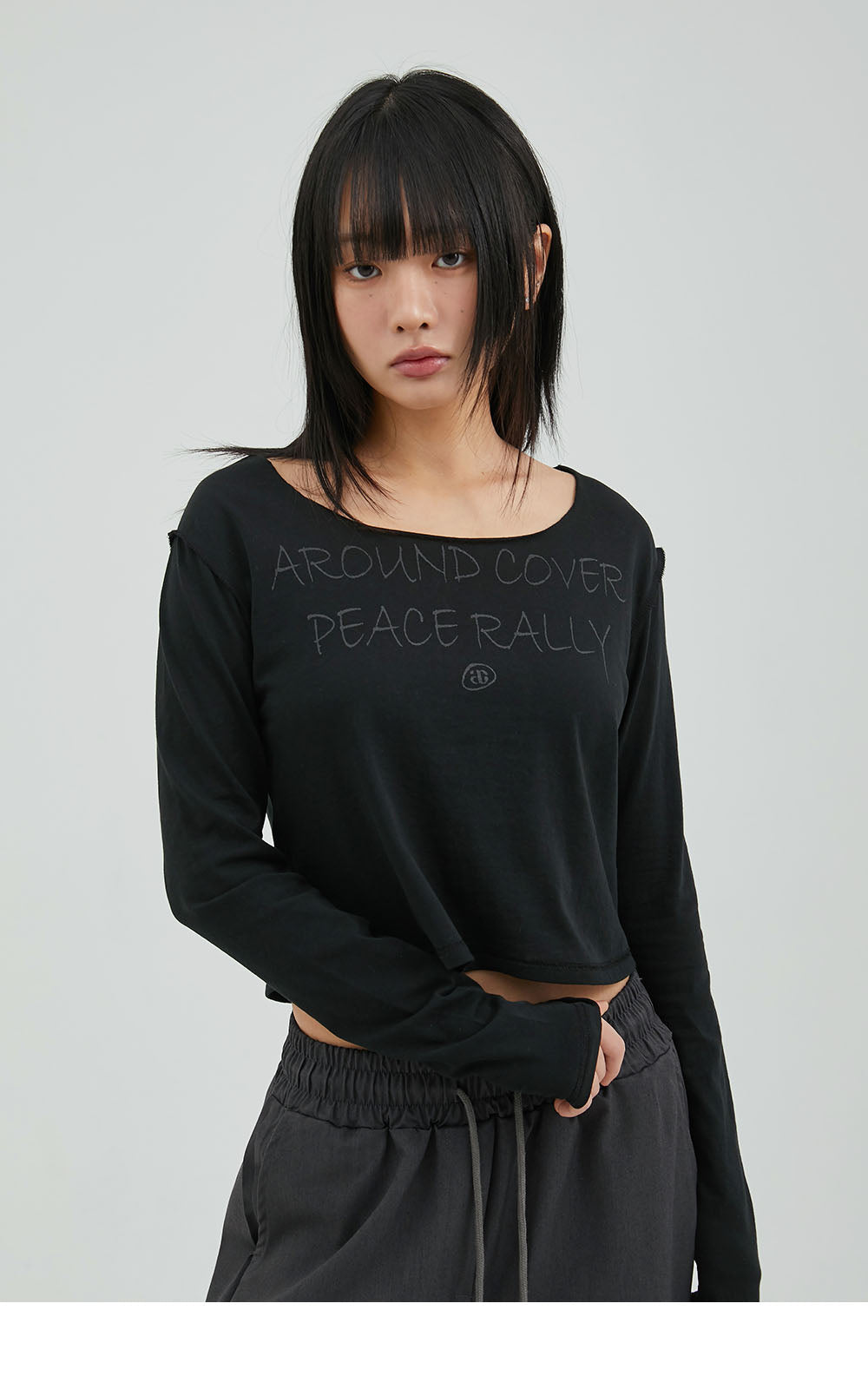 韓國 ACOVER  縫線配色露腰花邊字母短版T恤 (現貨+預購)