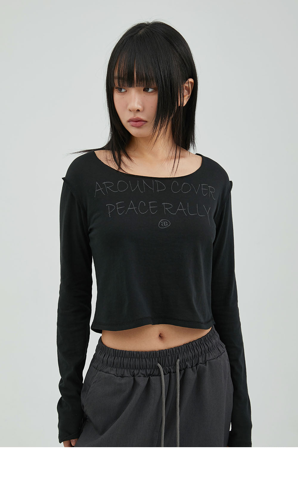 韓國 ACOVER  縫線配色露腰花邊字母短版T恤 (現貨+預購)