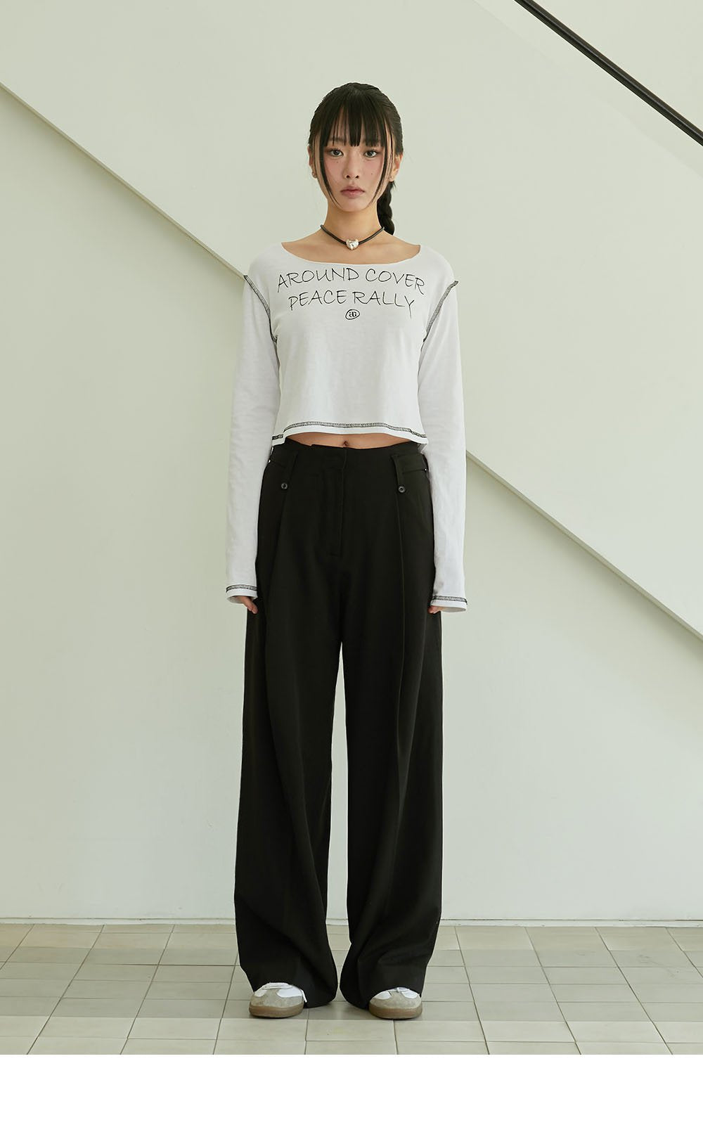 韓國 ACOVER  縫線配色露腰花邊字母短版T恤 (現貨+預購)