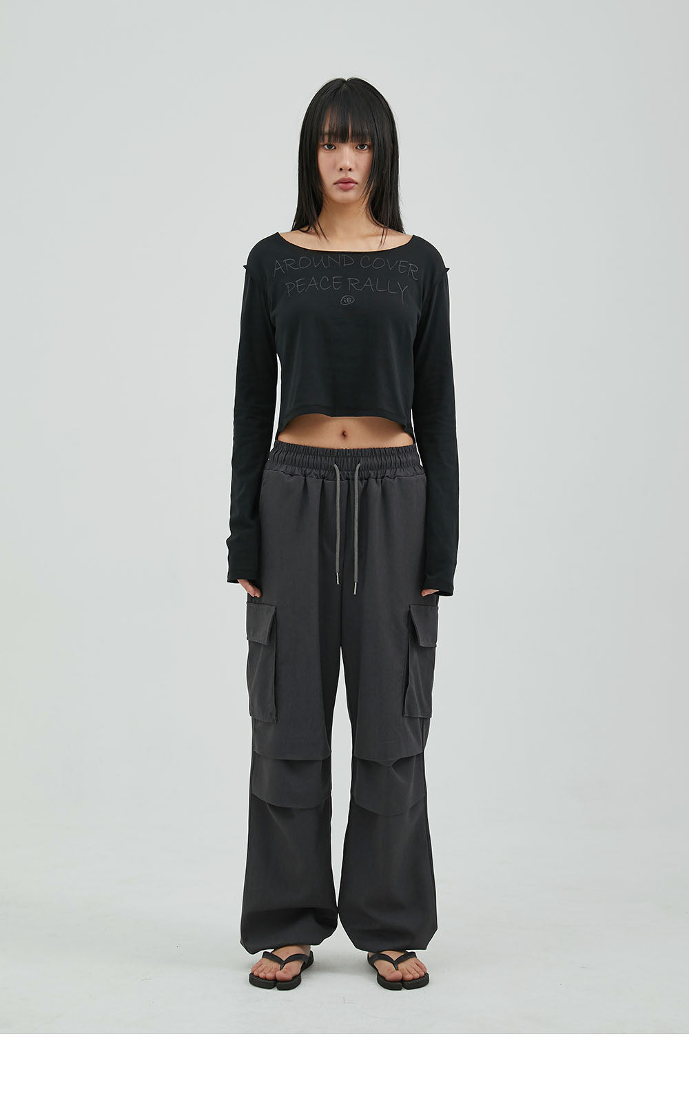 韓國 ACOVER  縫線配色露腰花邊字母短版T恤 (現貨+預購)