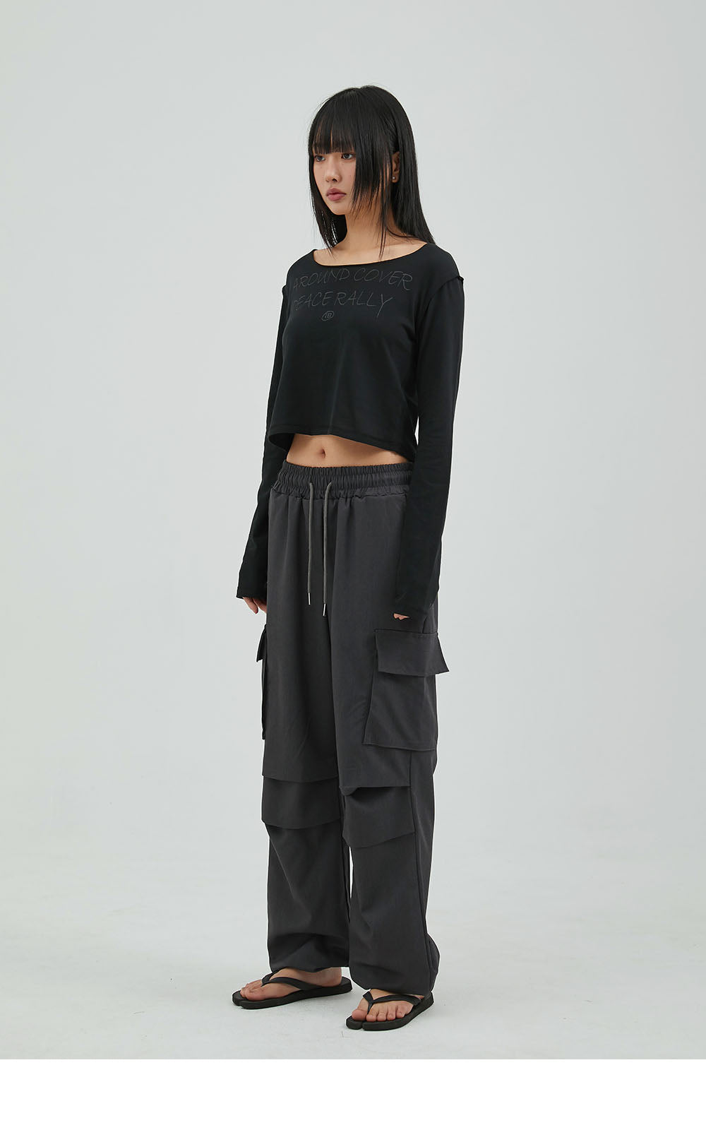 韓國 ACOVER  縫線配色露腰花邊字母短版T恤 (現貨+預購)