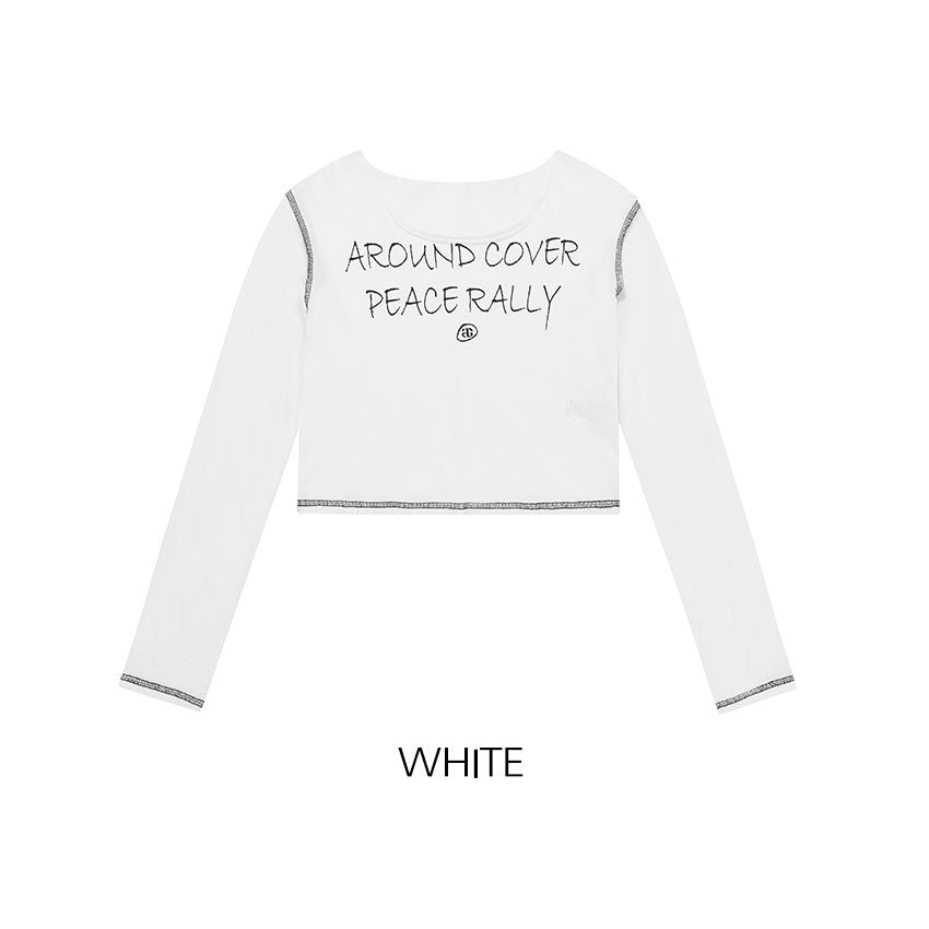 韓國 ACOVER  縫線配色露腰花邊字母短版T恤 (現貨+預購)