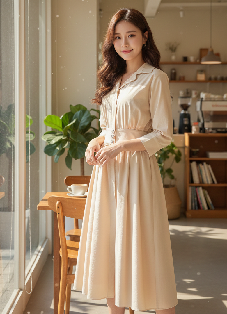 💖新品上架【梨花瑪雅】韓國設計自訂款氣質優雅韓風氣質珍珠釦襯衫垂墜美感傘裙長洋裝