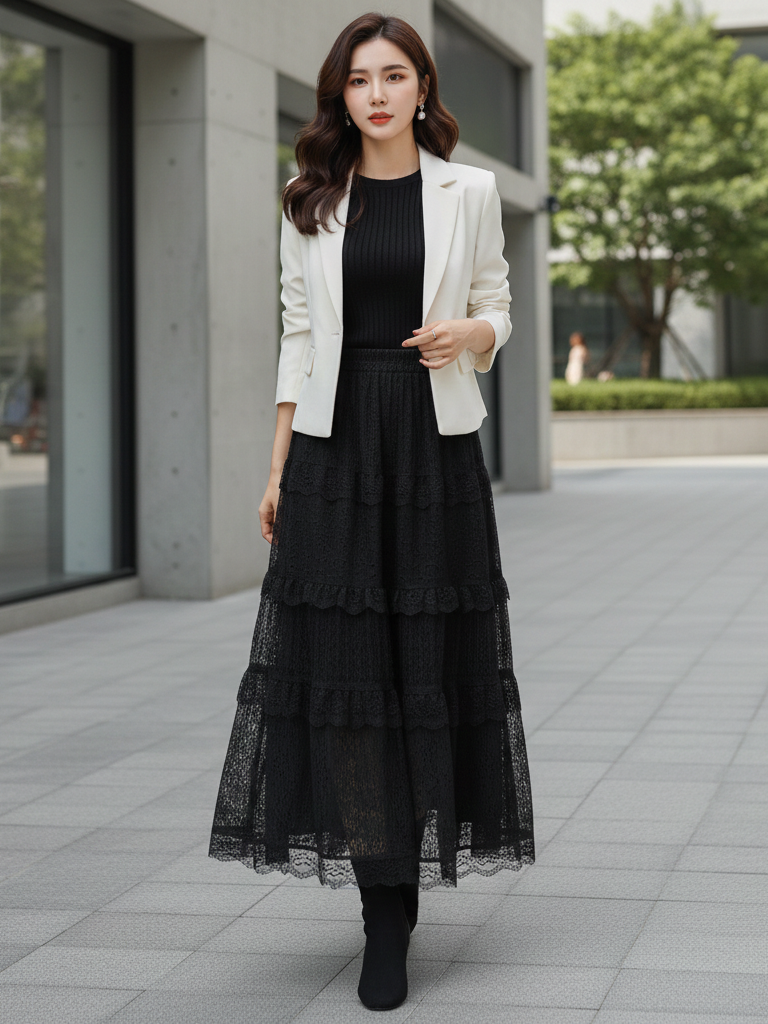 🆕新品上架💖【梨花瑪雅】 秋冬氣質百搭絕美蕾絲修身A字傘百長裙(兩色) F Size