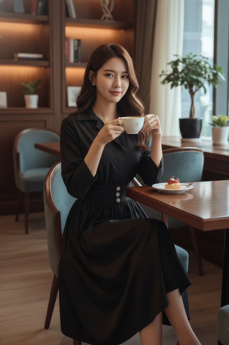 💖新品上架【梨花瑪雅】韓國設計自訂款氣質優雅韓風氣質珍珠釦襯衫垂墜美感傘裙長洋裝