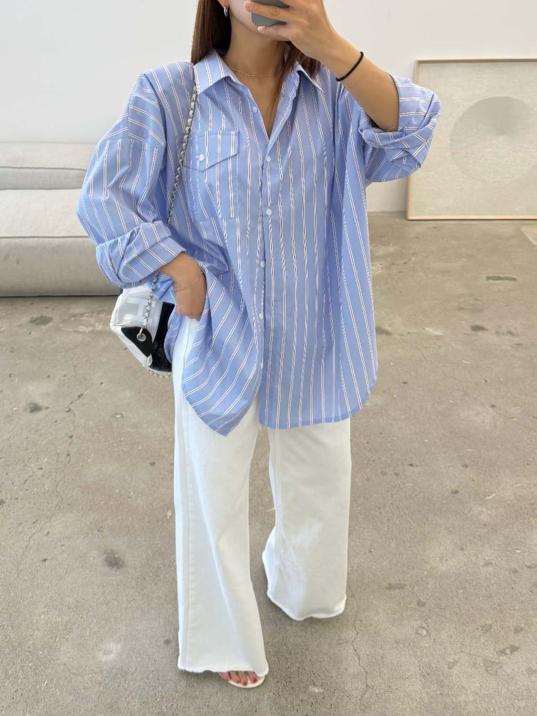 新品上架【│梨花娘】🤞韓國直條紋男友風寬鬆慵懶墊肩長板襯衫(2色)