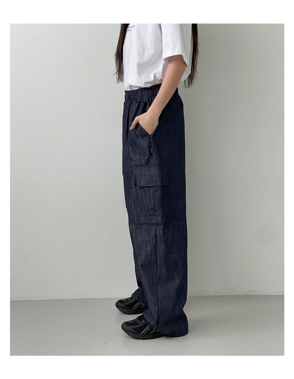 韓國 muahmuah 寬鬆版工裝大口袋 鬆緊帶棉質牛仔褲  (現貨+預購)
