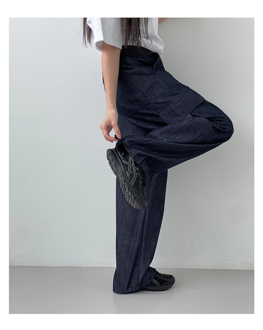 韓國 muahmuah 寬鬆版工裝大口袋 鬆緊帶棉質牛仔褲  (現貨+預購)